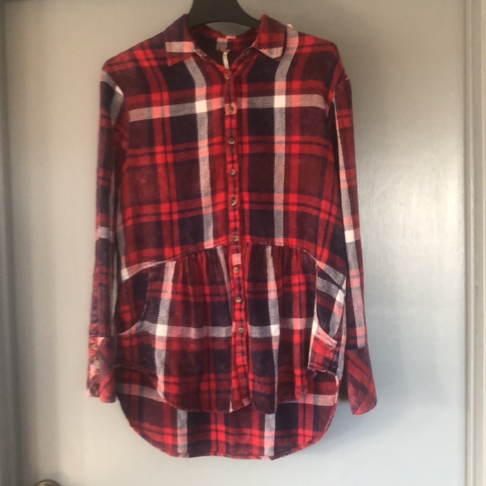 Free People Women's  Red Flannel Button Up Plaid Top Size XS Peplum long sleeve